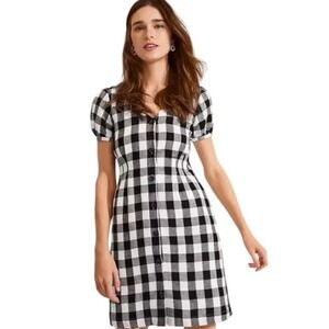 Ann Taylor Linen Blend Gingham Plaid Button Dress V-Neck Black White Check 6 NWT